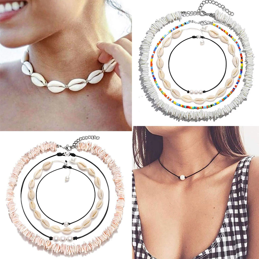 Оболочки Цепочки и ожерелья для Для женщин Boho колье набор Гавайская чипы