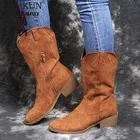 Женские сапоги в западном стиле, Осенние винтажные длинные сапоги-трубки В рыцарском стиле, женская кожаная обувь с вышивкой на высоком каблуке, ковбойские сапоги до колена