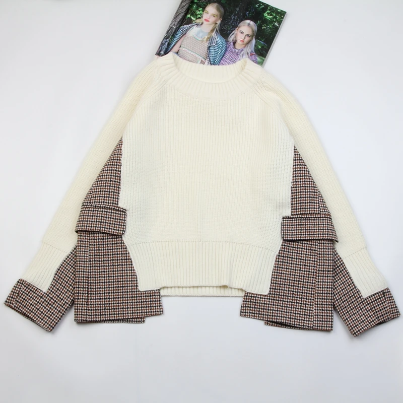 

Fashion Plaid Stitching Casual Sweater Women Fall/Winter Irregular Loose Turtleneck Oversized Jumper Pullover Korean Top