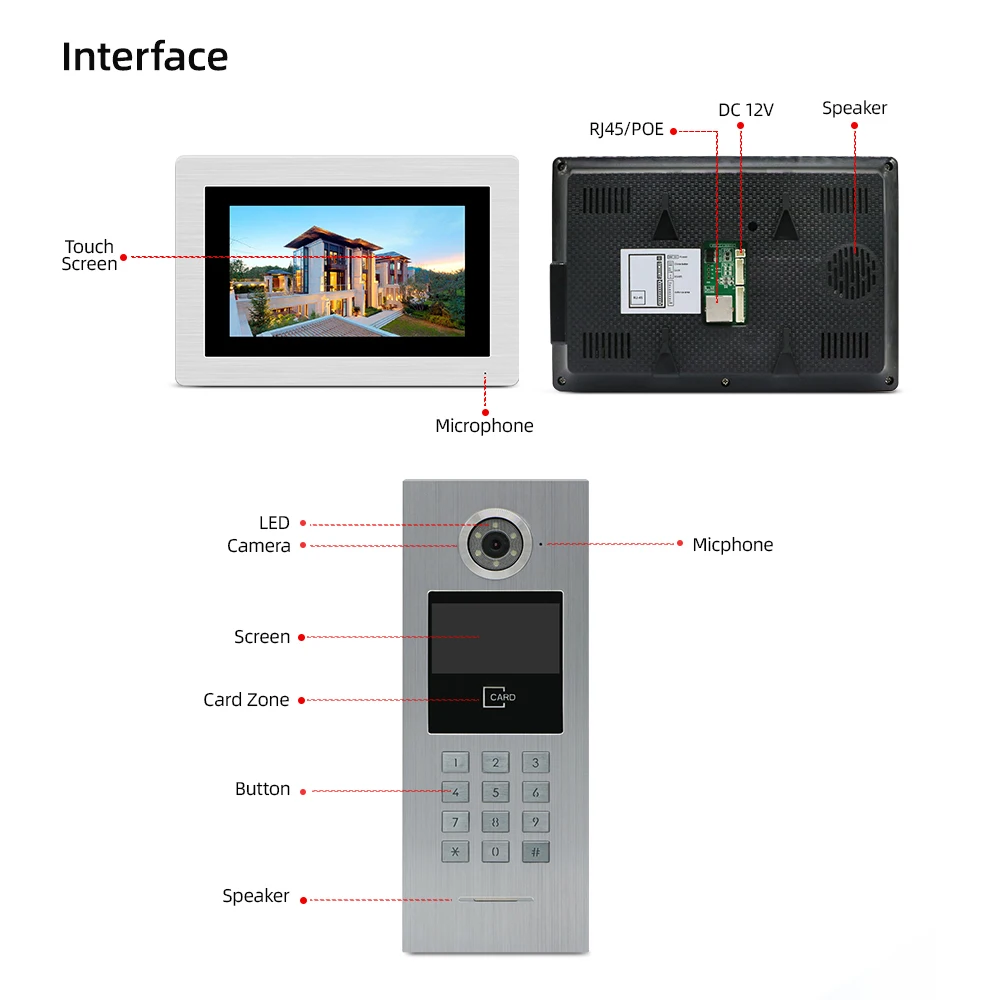 7'' Touch Screen WIFI IP Video Door Phone Intercom +POE Switch 8 Floors Building Access Control System Support Password/IC Card |