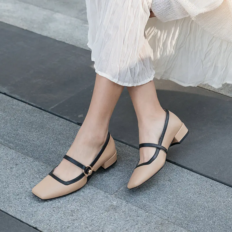 

Fashion Mary Janes Women Cow Leather Pumps Office Party New Beige Colors Square Toe Shallow Shoes Woman