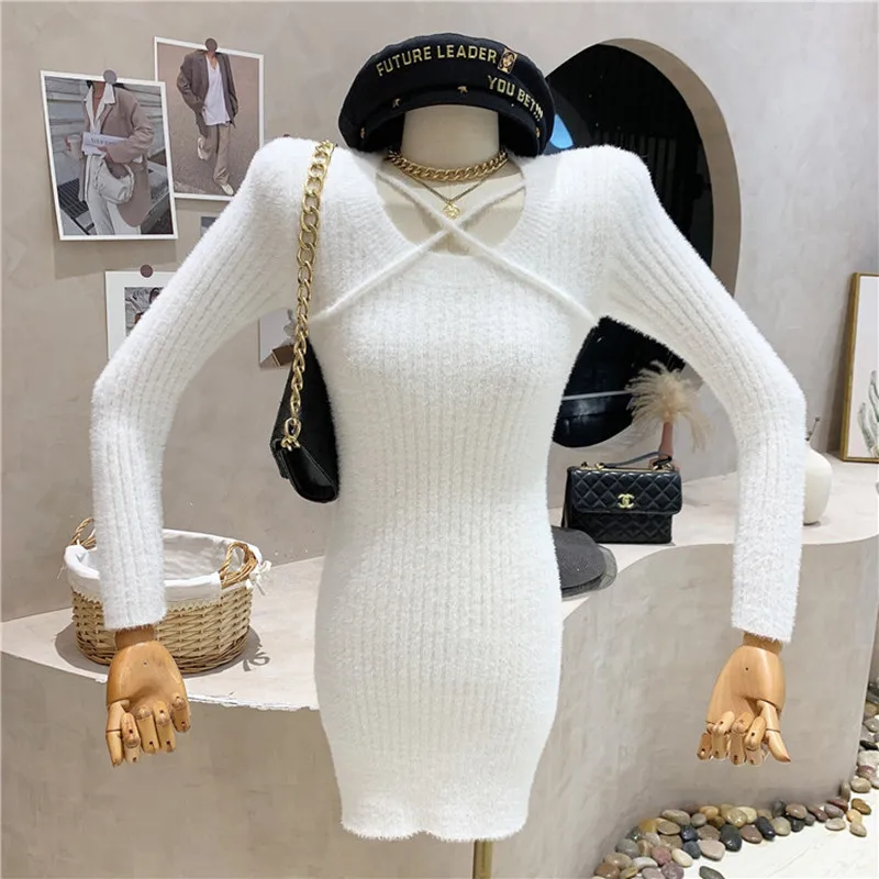 

Новая женская одежда нишевого дизайна осень-зима 2021 Облегающее вязаное платье-свитер из шерсти норки с длинным рукавом и перекрестным низо...