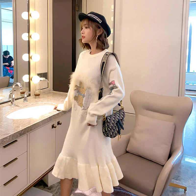 Вязаные платья для осени и зимы 2020 модные длинные женские с оборками