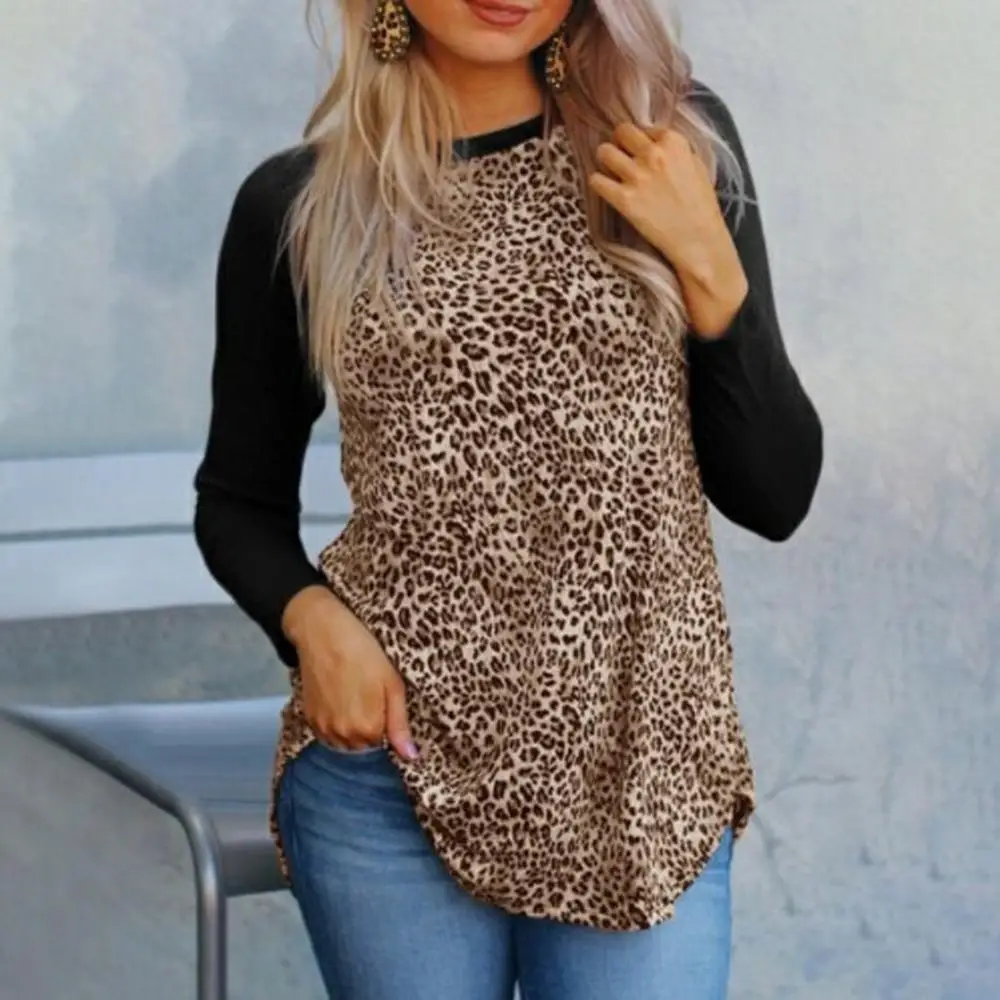 Женская блузка с круглым вырезом длинным рукавом и леопардовым принтом|Блузки| |