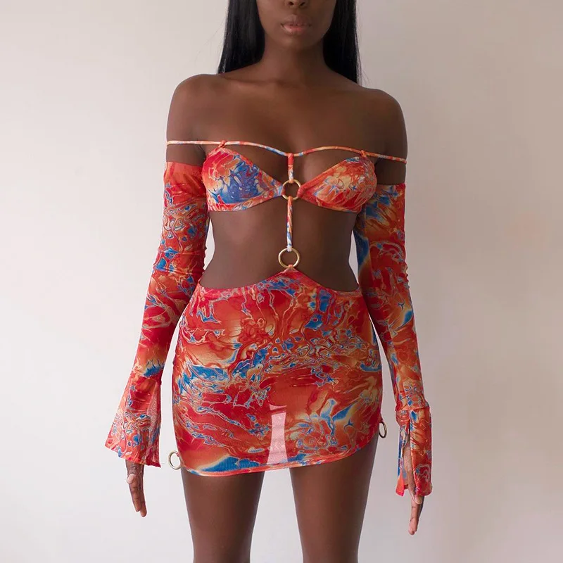 

Sexy Women's New Printed Bra Sexy Navel Exposed Hollow Out Long Sleeve Short Dress