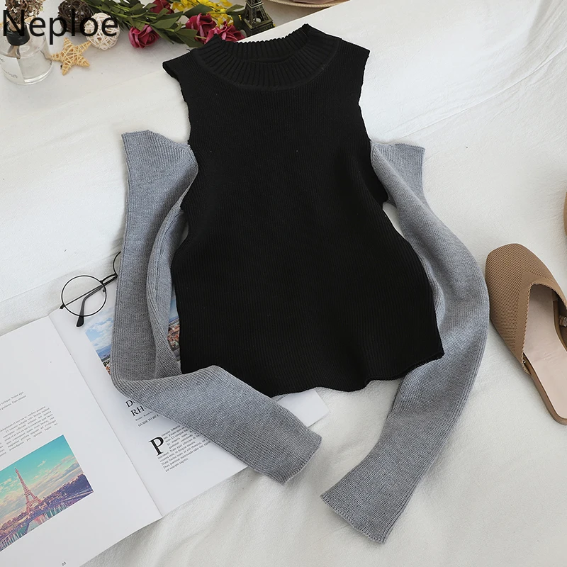Neploe Sexy Off Shoulder Knit Bottom Sweater Contrast Color Patch Slim Pull Femme Hiver O Neck Long Sleeve Winter Clothes 48262 Женская