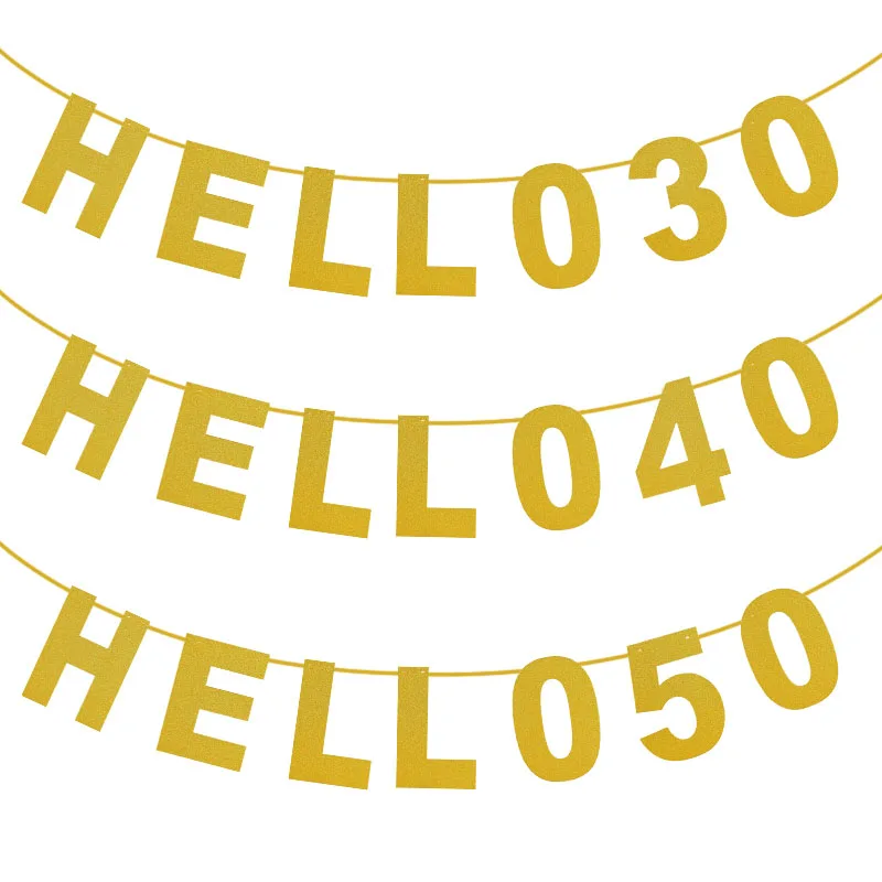 

7 Flags Glitter Gold Paper Banners HELLO 30 40 50 Letter Number Bunting Garland For Adults Birthday Party Decoration Supplies