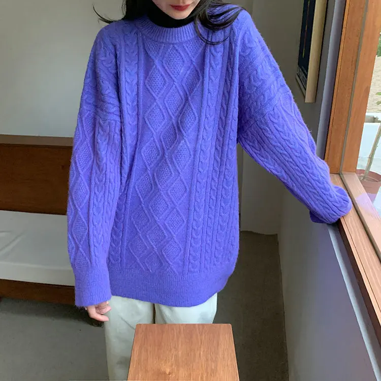

Purple Pullover Sweater Loose Women's Popular Twist Knitted Top In Autumn And Winter 2021 Lazy Style