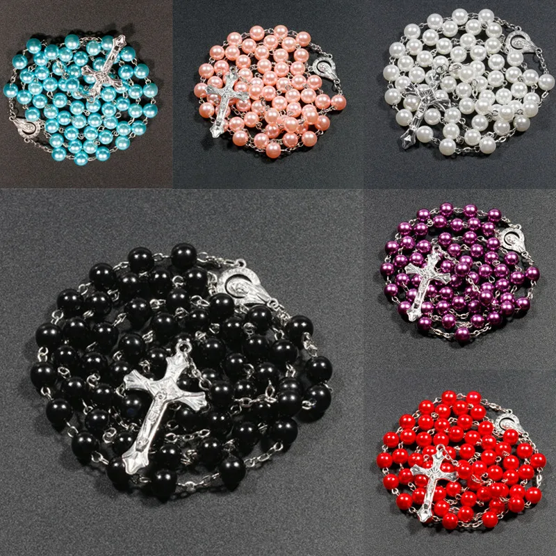 

New 8mm Retro Jesus Cross Rosary Long Imitation Pearl Necklaces 7 Colors Beaded Stylish Christian Man Woman Mala Praying Jewelry