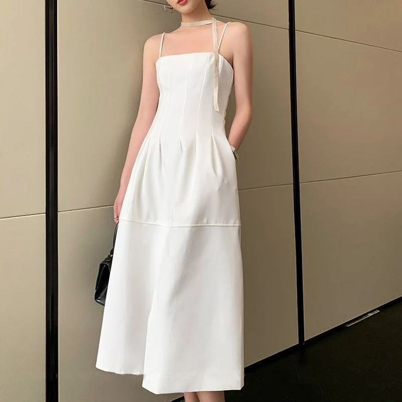 

Женское офисное платье средней длины на бретелях, элегантное вечернее цельнокроеное платье без рукавов с квадратным воротником в Корейско...