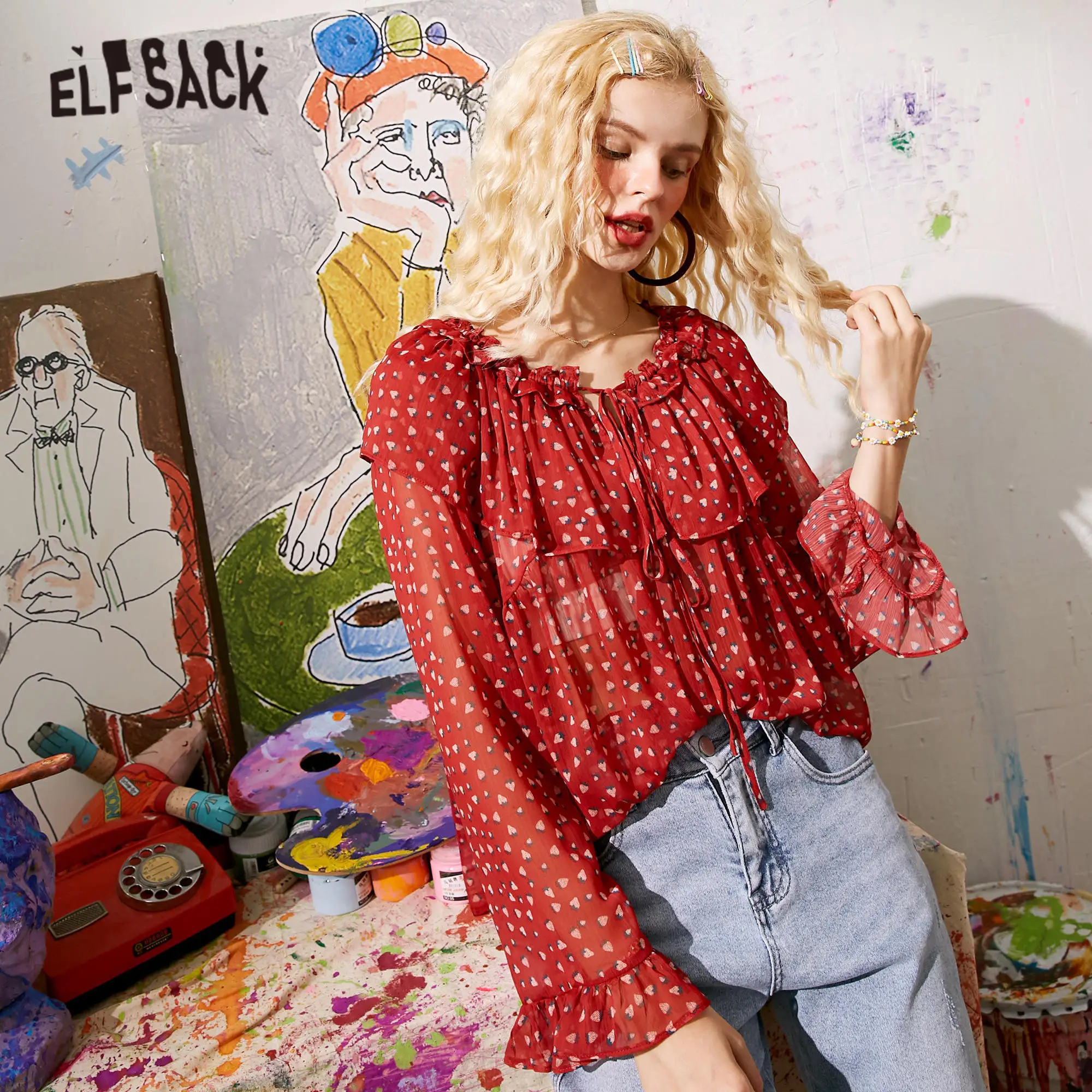 Женская винтажная прозрачная блузка ELFSACK красная Повседневная шифоновая с