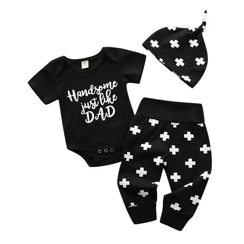 Unisex Cute Baby Boy Girl Clothes Short Sleeve Funny Letter Print Romper +Long Pants +Hat Black 3PCS Outfits 0-18M | Детская одежда и