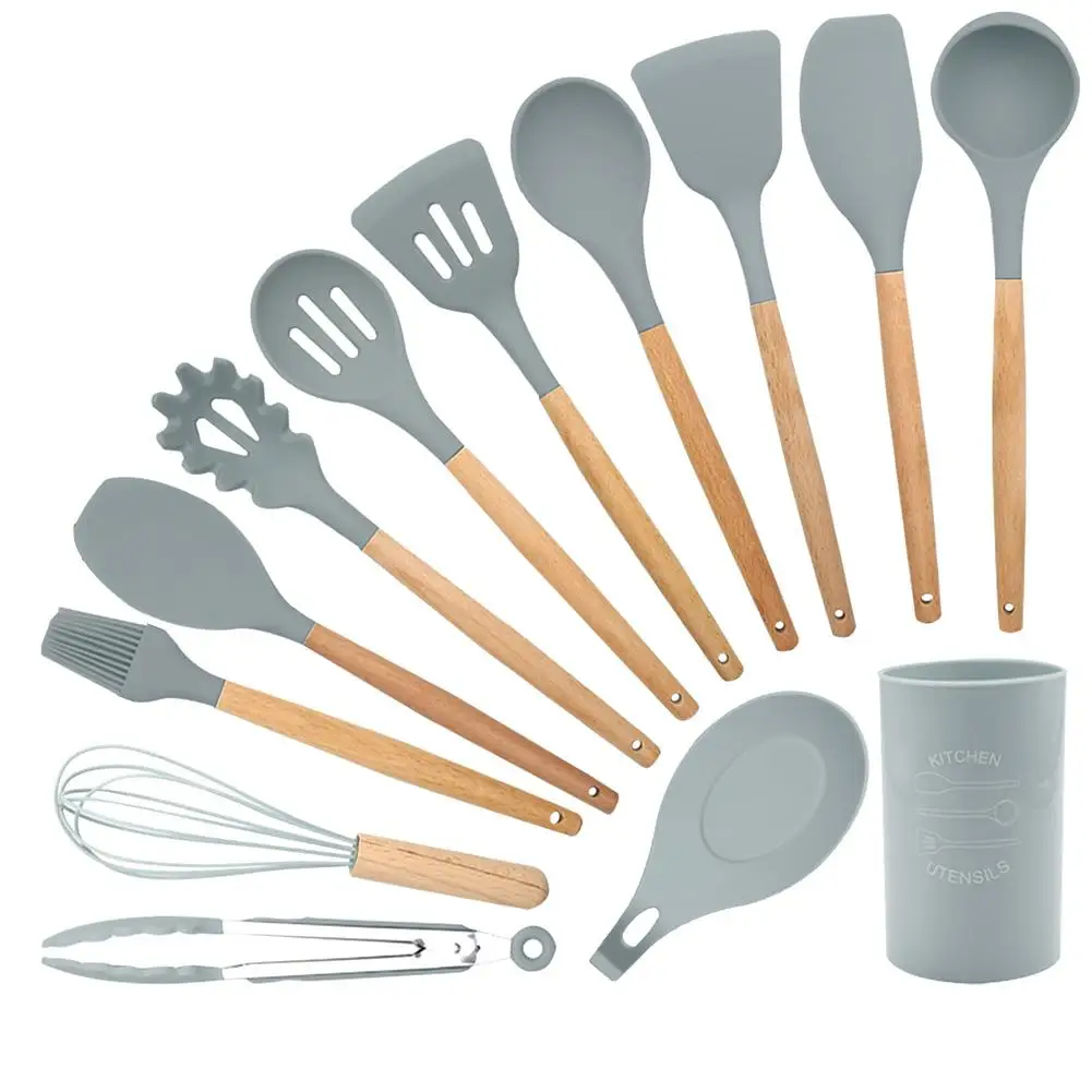 

LanLan 13Pcs/Set Silicone Cooking Utensils Set Nonstick Spatula Spoon with Wooden Handle Cookware Kitchen Gadgets