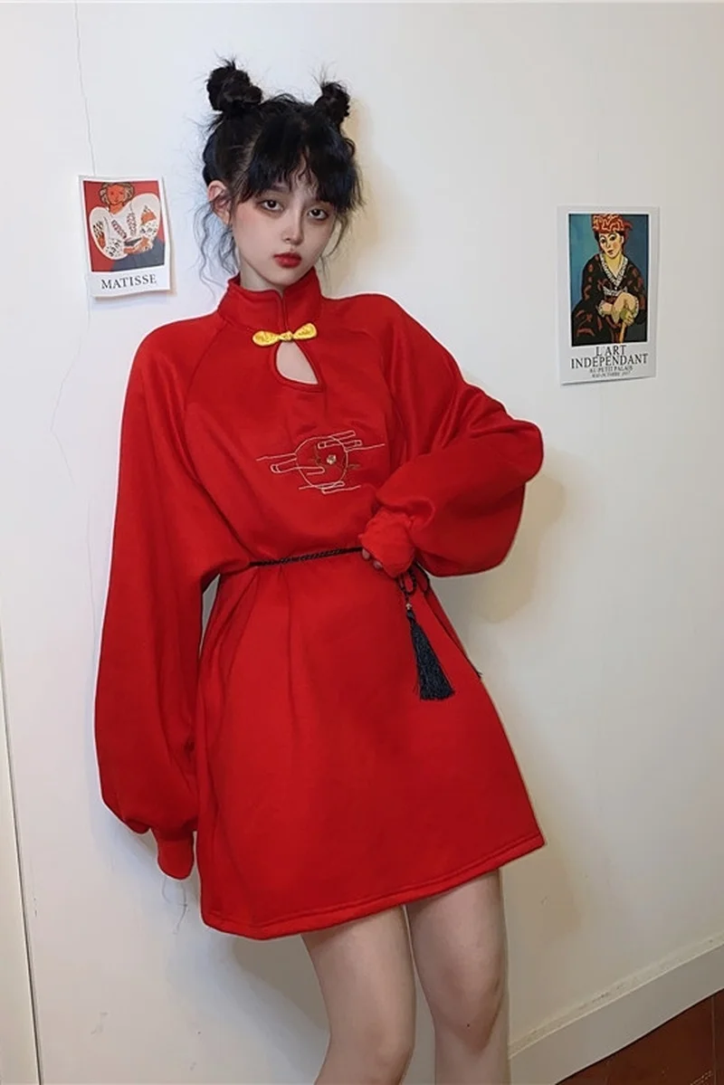 

Women Retro Chinese Style Qipao Loose Casual Hanfu Long Sleeve Stand Collar Improved Cheongsam Japanese Party Stage Formal Dress