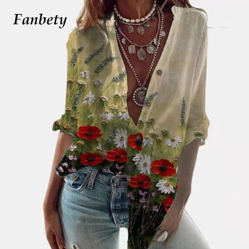 

Women Elegant Retro Floral Print Shirt Blouse Shirts 2021 Summer New Fashion V-Neck Short Sleeve Tops Female Casual Loose Blusas
