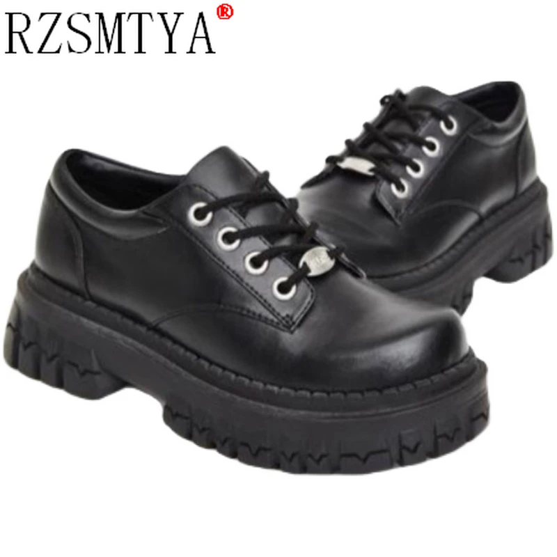 

2021 British Black Shoes for Women Fashion Lace Up Women Casual Shoes Low Ladies Comfortable Leather Shoes Zapatillas Mujer