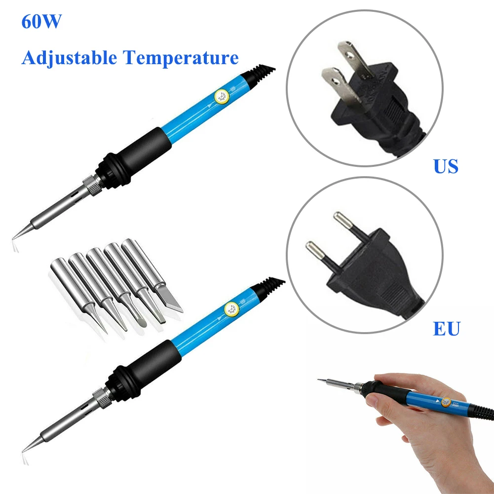 

60W Electric Soldering Irons Adjustable Temperature 200C-450 C 110V/220V Handle Heat Pencil Soldering Iron With 5 Solder Tips