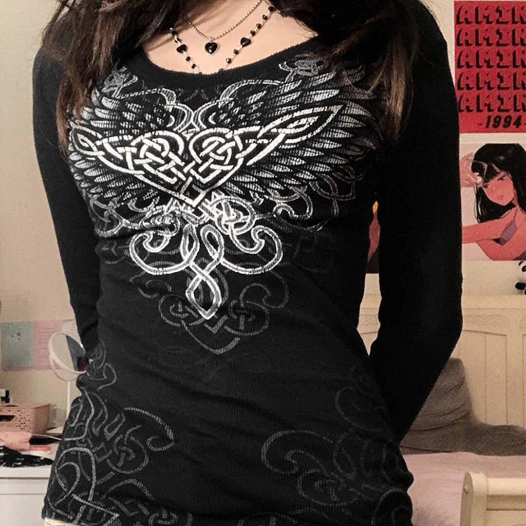 

Fashion Causal Y2K Women's T-shirt Gothic Ribbed Wings Print Long Sleeve Tops Basic Female Clothing High Street Autumn Shirt