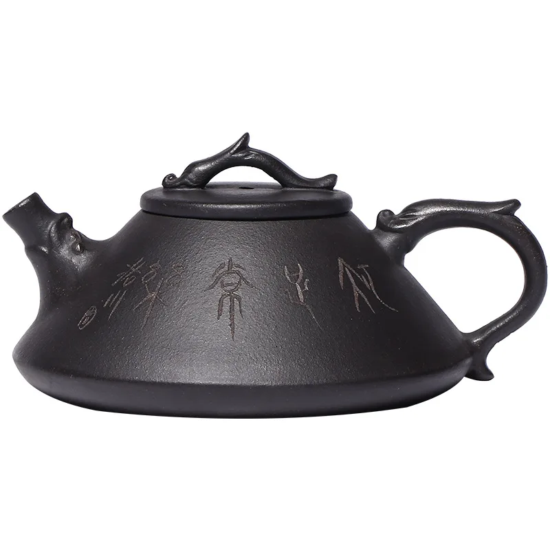 

Yixing Zisha teapot raw ore black gold sand Longyin carved tea set gift