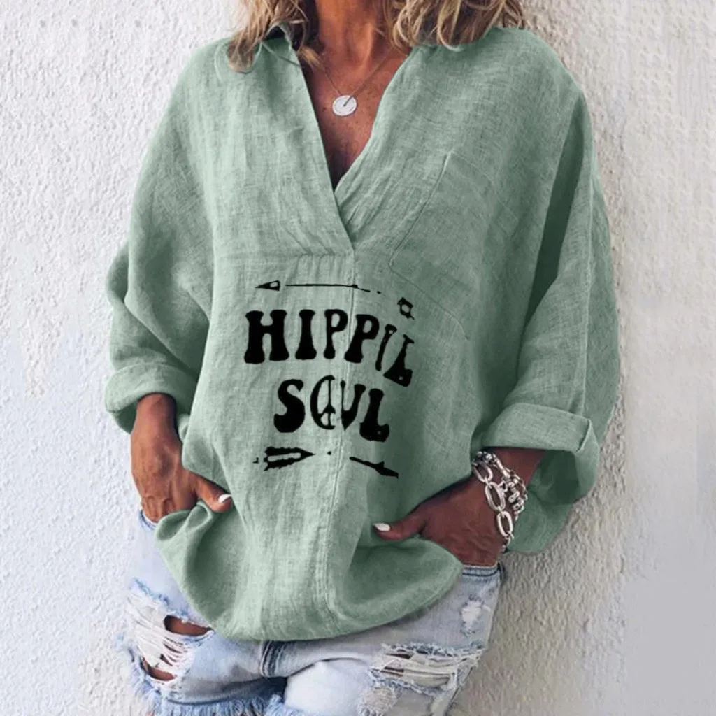 Женская футболка с V образным вырезом длинным рукавом и принтом|Футболки| |