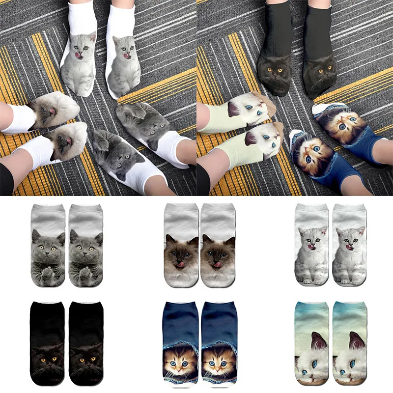 6 Pairs Women Cotton Short Socks Set Funny Cute Cat Face Harajuku Animal Low Ankle Socks Pack Colorful Boat Socks For Men Sets