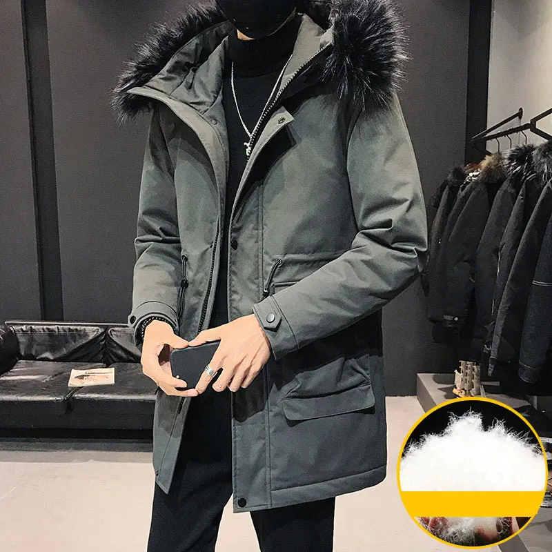 Мужская зимняя куртка с капюшоном черная теплая парка средней длины меховым