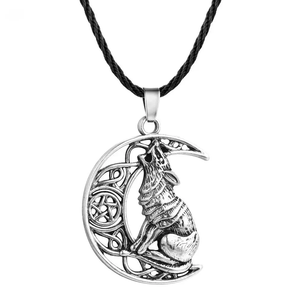 

Cresent Moon And Wolf Amulet With Pentagram Pentacle Wicca Pagan Talisman Pendant Necklace