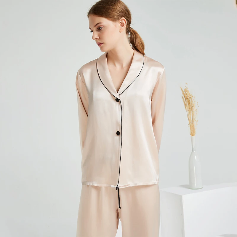 19 Momme Mulberry Silk Pyjama 100% Silk Long Sleeve Female Real Silk Solid Women Pajamas Sets G21041701