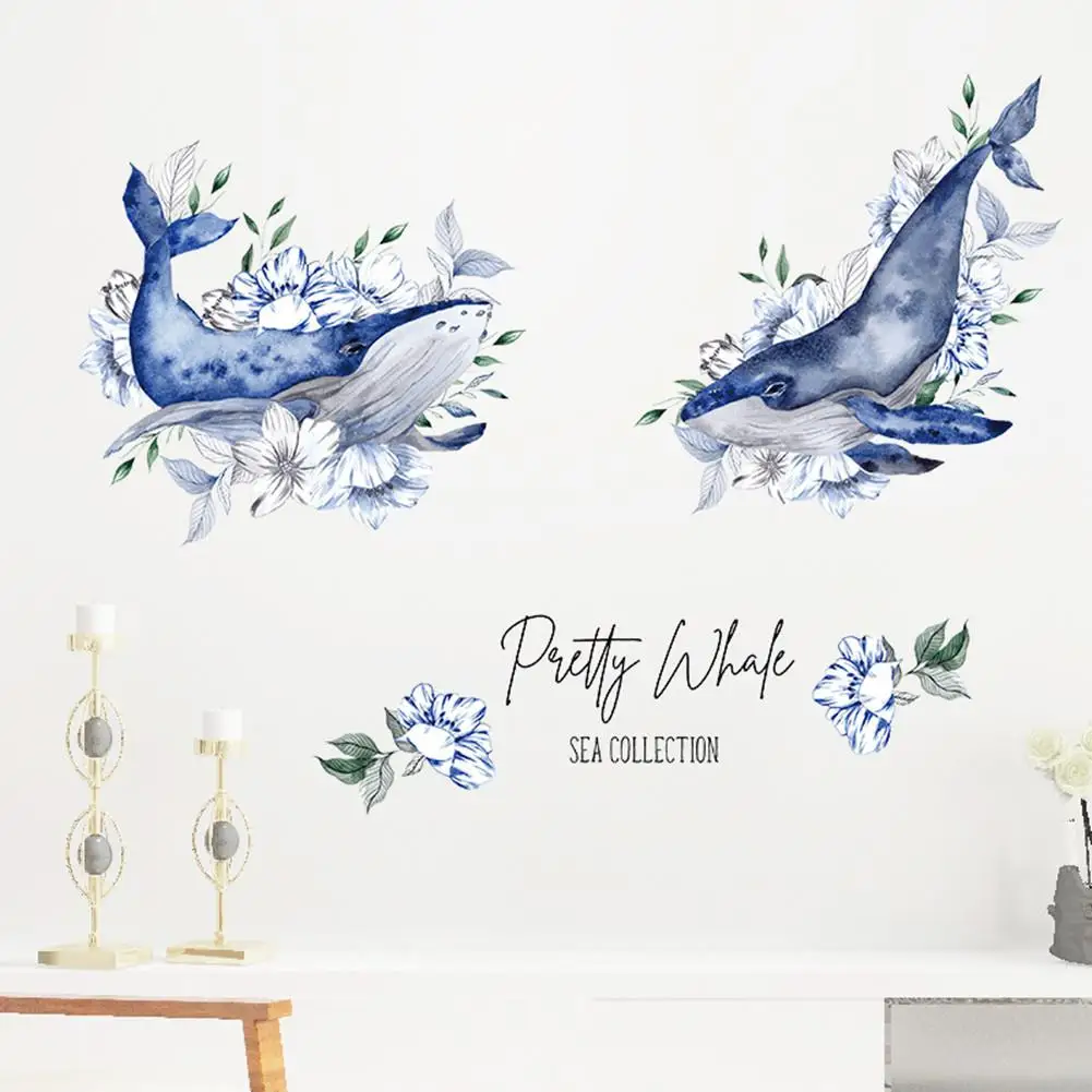 Настенные Стикеры с ручной росписью рисунком Кита и синих цветов для гостиной