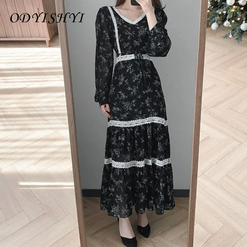 

Elegant Women's Vintage Dress 2021 Spring Autumn Fashion V Neck Lace Stitching Chiffon Floral Dresses Female Long Vestidos DH76