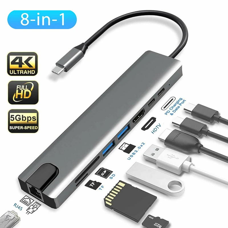 Док-станция Rankman usb-c/Ethernet RJ45 HDMI 4K USB 3 0 SD TF для MacBook Samsung S21 Dex Xiaomi 10 Nintendo PS5 |