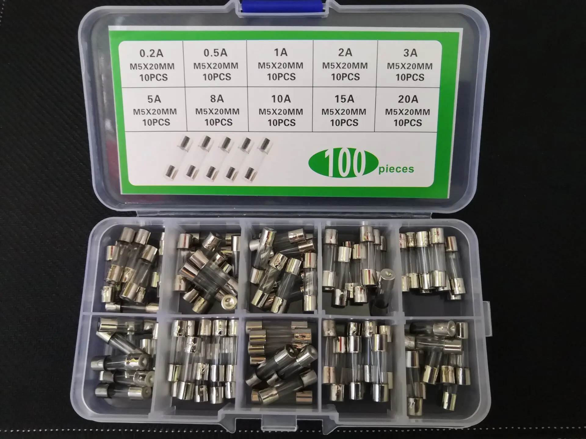

Free Ship 100PCS=10 Values * 10pcs 5*20mm Fuse kit box 0.2A/0.5A/1A/2A/3A/5A/8A/10A/15A/20A blown fuze Protect circuit safety
