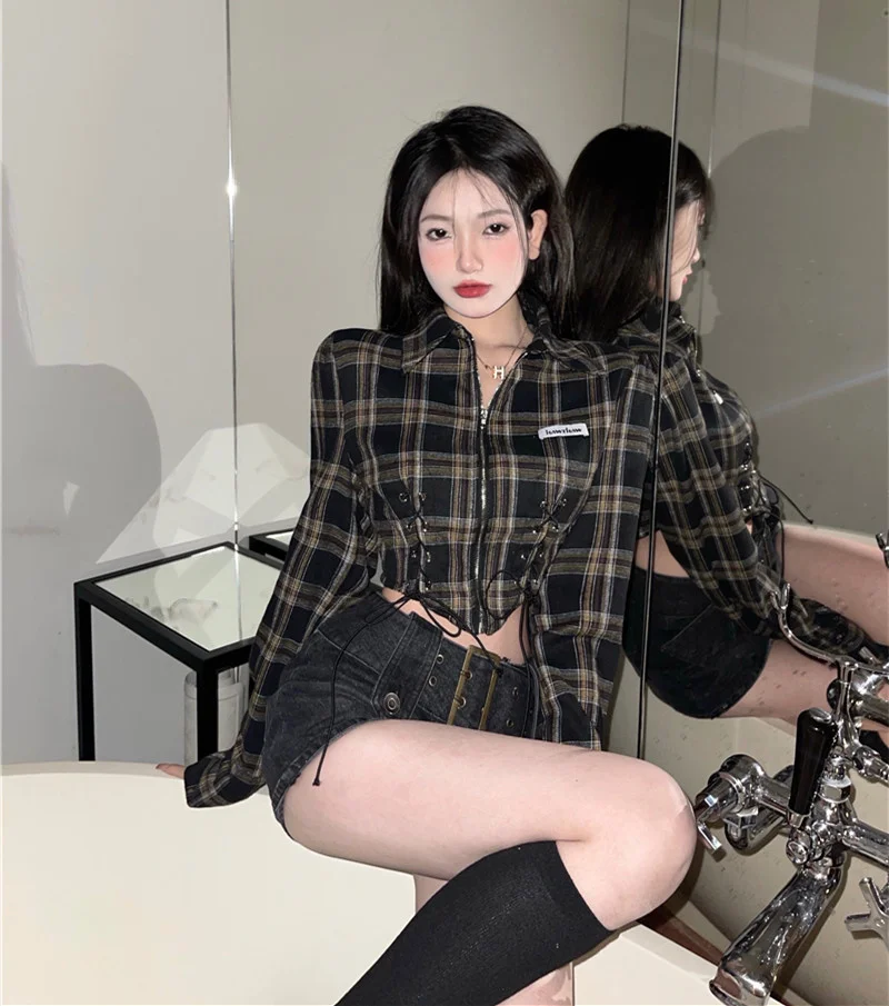 

Polo Collar Plaid Long Sleeve Top Early Autumn Millennium Spice Girls Girdle Short T-shirt 2021 New Zipper Women Tops Tee SD34