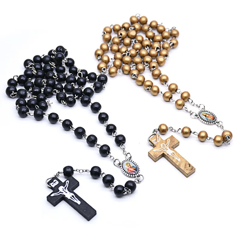 

New Handmade Cropped Needle Wooden Rosary Beads Necklace Cross Religious Christian Catholic Rosary Ornaments Jewelry Accessories