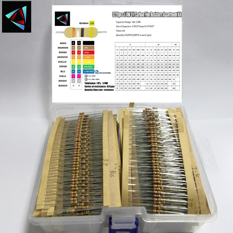 

3220Pcs/Lot 1/4W 0.25W 5% 0R~22M 161Values*20Pcs Carbon Film Resistor Assorted Kit Pack samples