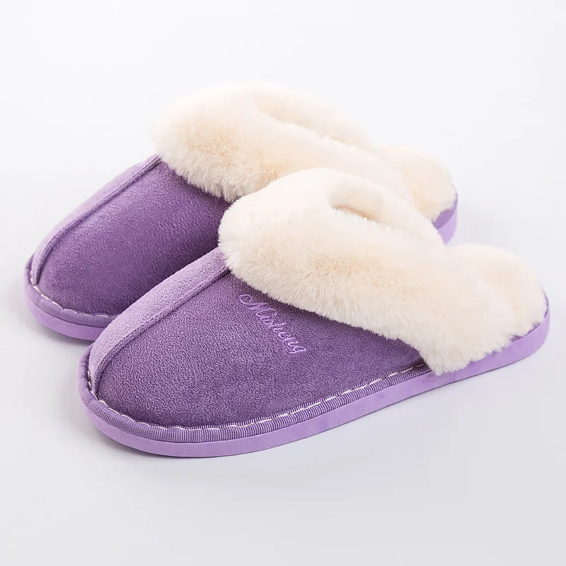 Purplehalf Теплые тапочки; женские короткие плюшевые замшевые домашние тапочки с буквенным принтом для девочек; нескользящие модные тапочки для девочек - Цвет: Purplehalf