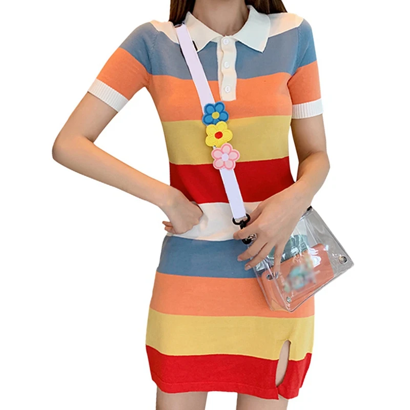 

Sexy Dress Women Stripes Bodycon Short Sleeve Summer Mini Dresses Turn Down Collar Knitting Stretch Retro High Waist Vestidos
