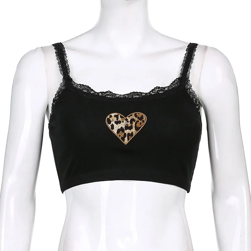 

Short Top 2021 New European and American Fashion Love Women's Black Lace U-neck Stitching Leopard Print Sexy Slim Fit Vest