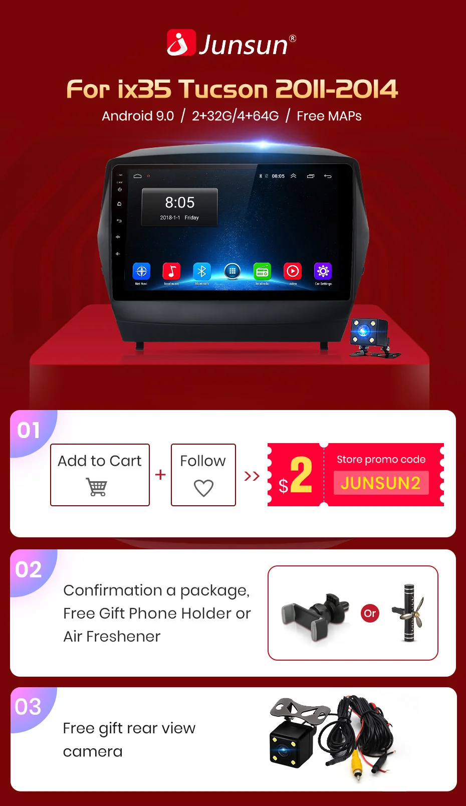 Junsun V1 2G+ 32G Android 9,0 для hyundai Tucson 2 ix35 2011- Автомобильный Радио Мультимедиа Видео плеер навигация gps 2 din dvd