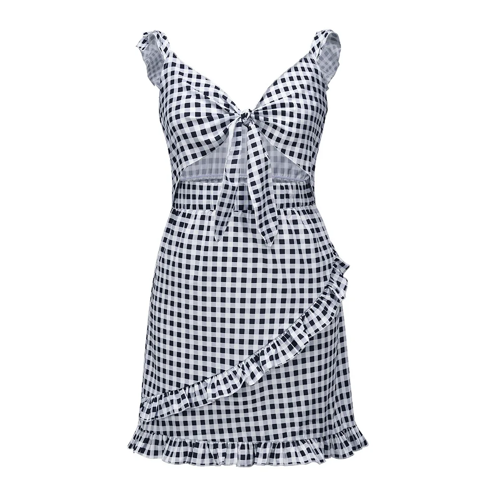 

Sexy Temperament Cultivate One's Morality Spaghetti Strap for Summer Women V-Neck Polka-dot Print Tie Flounced Edge Dresses