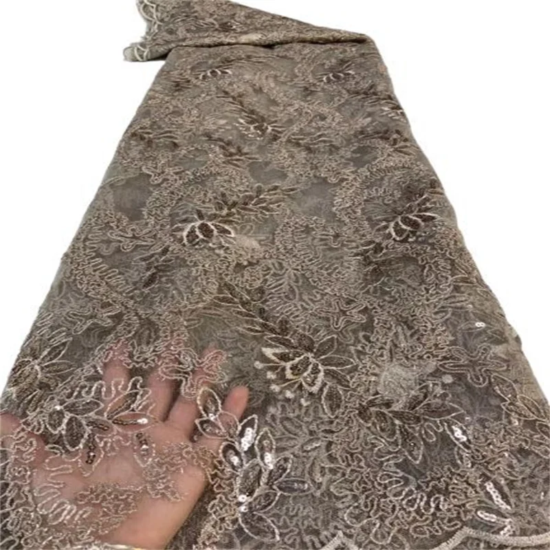

5Yards Gold African Net Lace Fabric With Sequins 2021 High Quality French Tulle Lace Nigeria Guipure Material For Wedding Dress