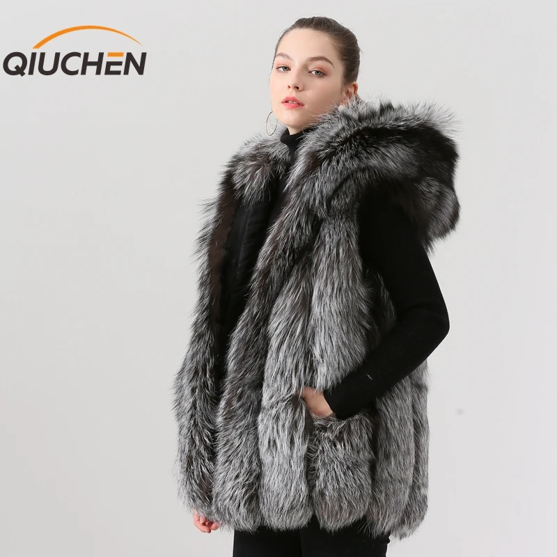 QIUCHEN PJ19055 Новое поступление натуральный Лисий мех женский зимний жилет с капюшоном модная модель высокое качество горячая распродажа