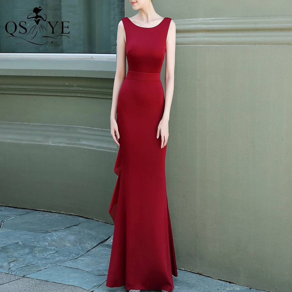 

Burgundy Long Prom Dresses Stretch Ruffles Evening Dress Red Formal Party Gown Open Back Bridesmaid Dress Sleeveless Prom Gown