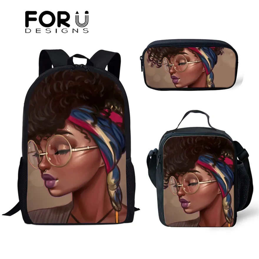 

Африканские школьные ранцы FORUDESIGNS для детей 3 шт./компл., черные школьные ранцы с принтом для девочек и девушек, школьные сумки для девочек-по...