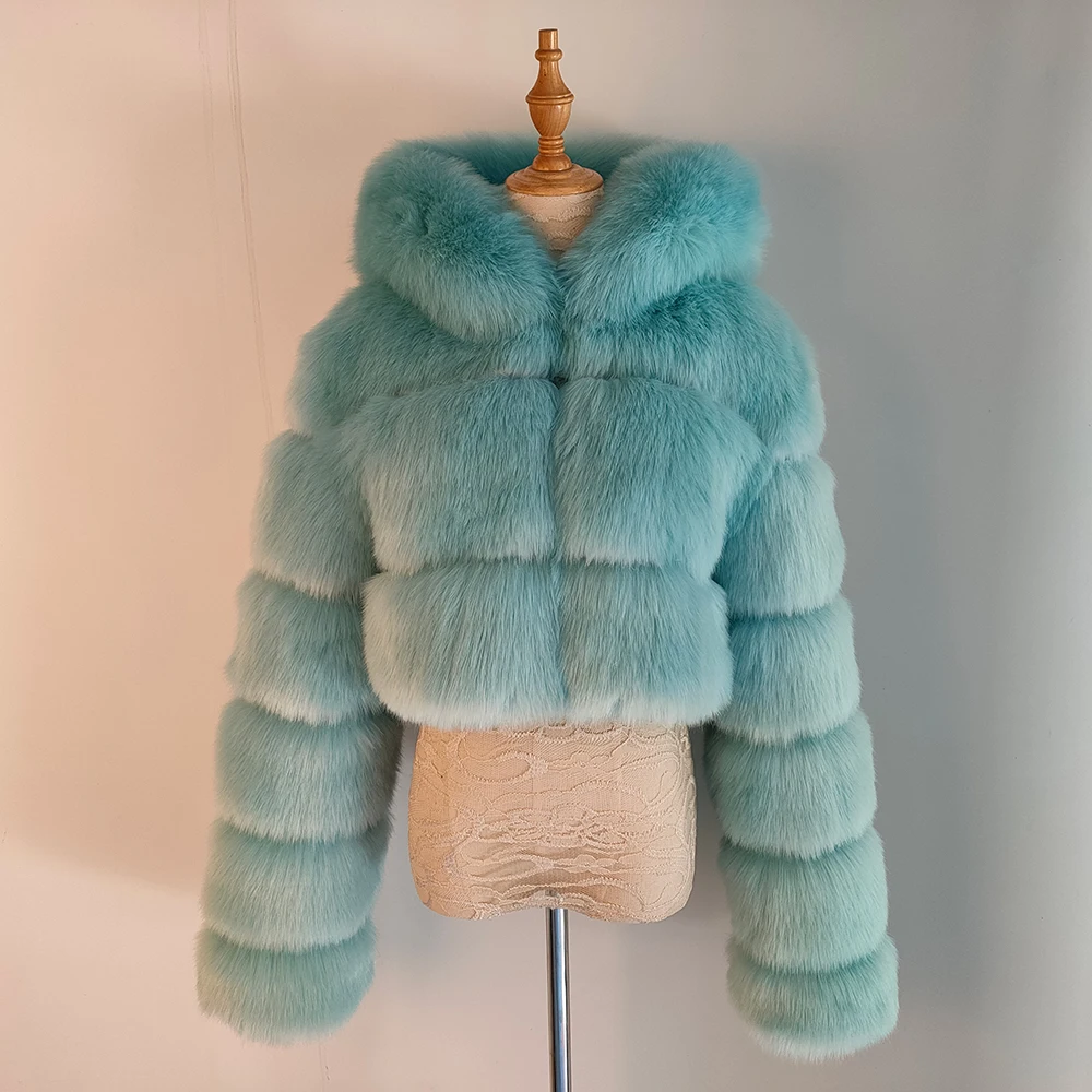 Winter Women High Quality Fluffy  Faux Fur Coat  Jacket  Hooded  Pink  Jackets Over Coat Thick Warm Plush Size Female Plush Coat