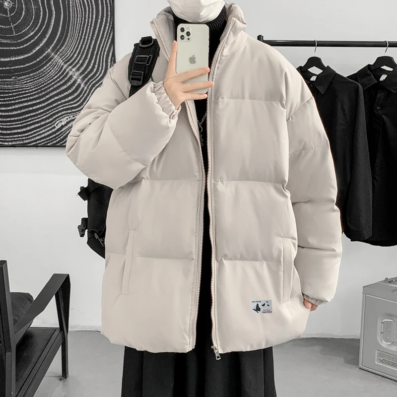 Zipper Fly Long Sleeve Mens Winter Jackets And Coats Oversized Plain Color Stand Collar Streetwear Korean Clothes Men Parka XXXL