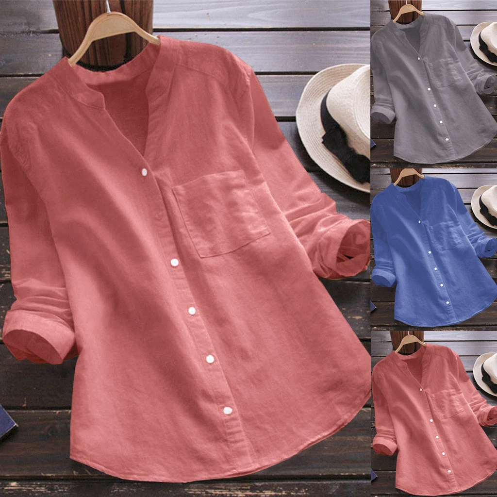 

Women Tops New Cotton Linen Solid Color Long Sleeve Plus Size Casual Loose Ladies Shirt aesthetic