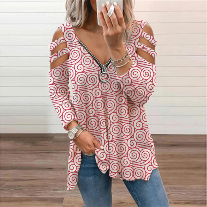 

Y2K Autumn Fashion Hollow Out Zipper V-neck Top Women Aesthetic Graphic Print Oversized T-shirt Long Sleeve Polyester Female Tee