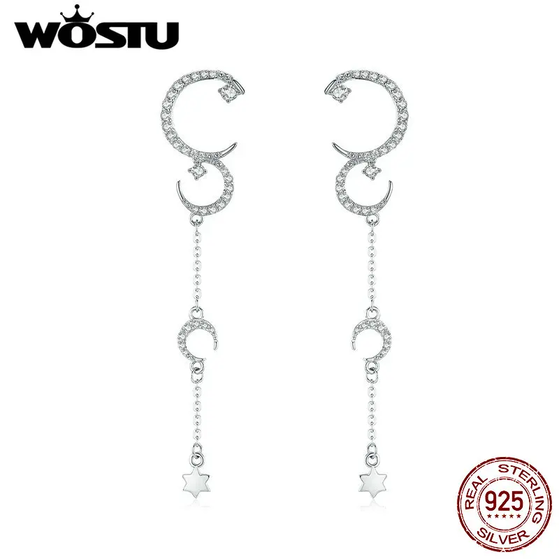WOSTU 925 пробы, Серебряные длинные висячие серьги с Луной и звездой, сверкающий циркон, висячие серьги для женщин, серебряные блестящие ювелирные изделия CTE061