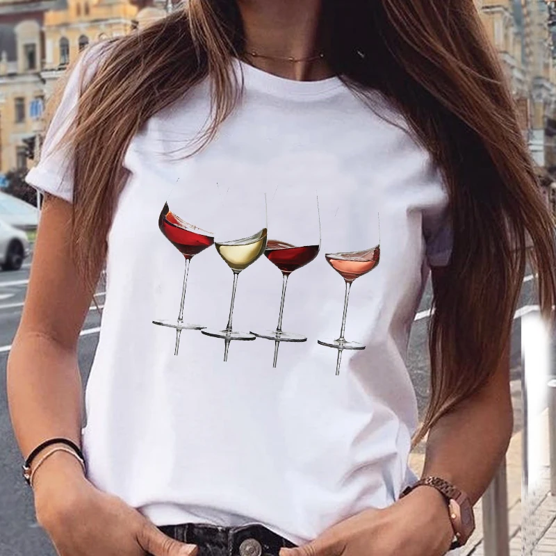 

Women's T-Shirt Wine Printing Lady Short Sleeve Casual Cartoon Tee Fashion Top Graphic Oversized T-Shirt Female T-shirt Clothing